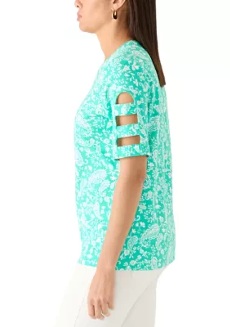 Women's Elbow Sleeve Printed Crew Neck Top