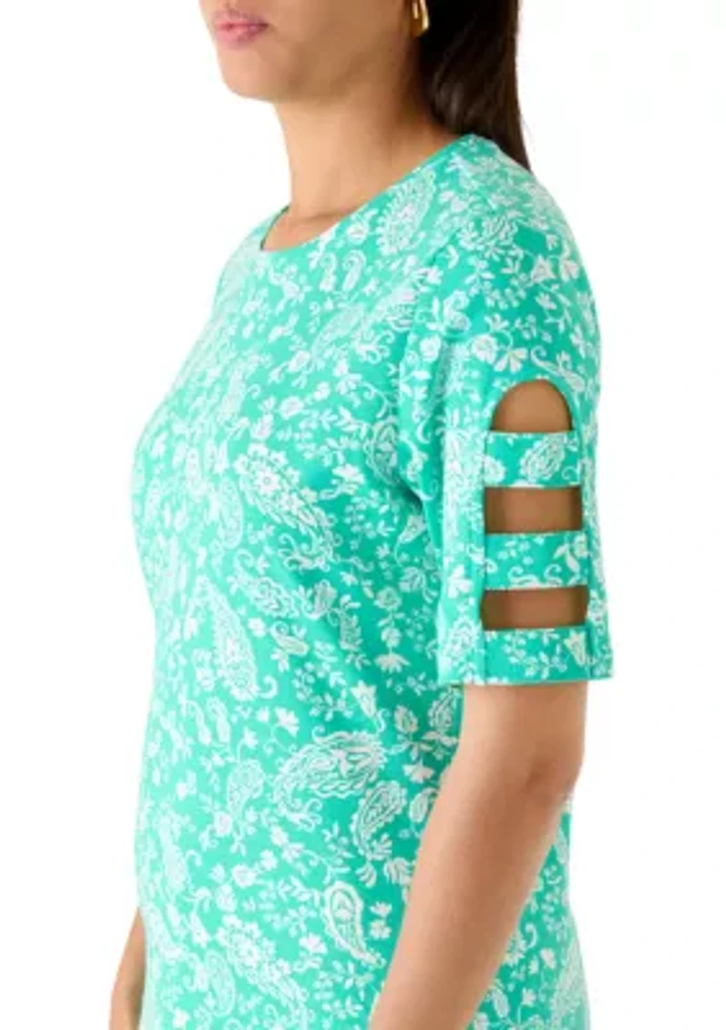 Women's Elbow Sleeve Printed Crew Neck Top