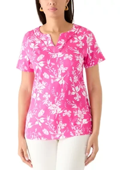 Women's Crochet Trim Split Neck Printed T-Shirt