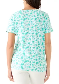 Women's Crochet Trim Split Neck Printed T-Shirt