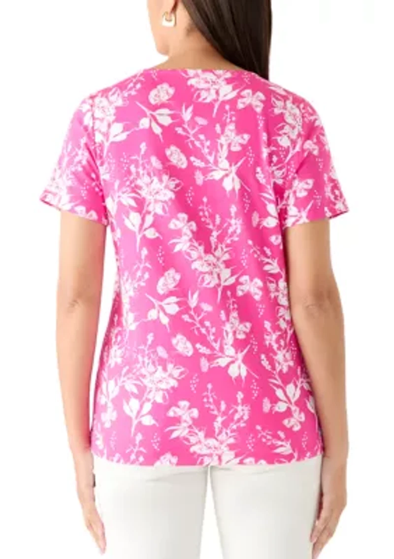 Women's Crochet Trim Split Neck Printed T-Shirt