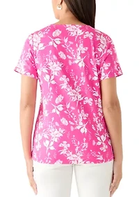 Women's Crochet Trim Split Neck Printed T-Shirt