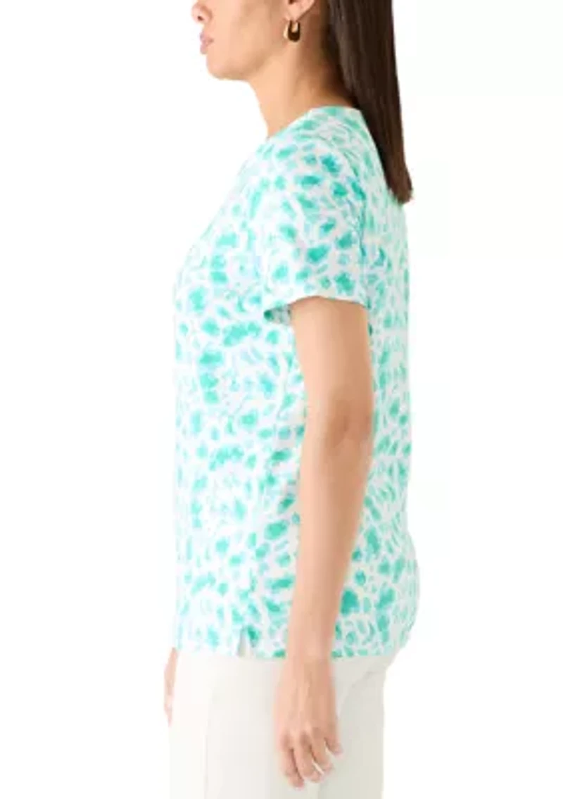 Women's Crochet Trim Split Neck Printed T-Shirt