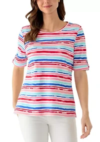 Women's Elbow Sleeve Striped Print Top