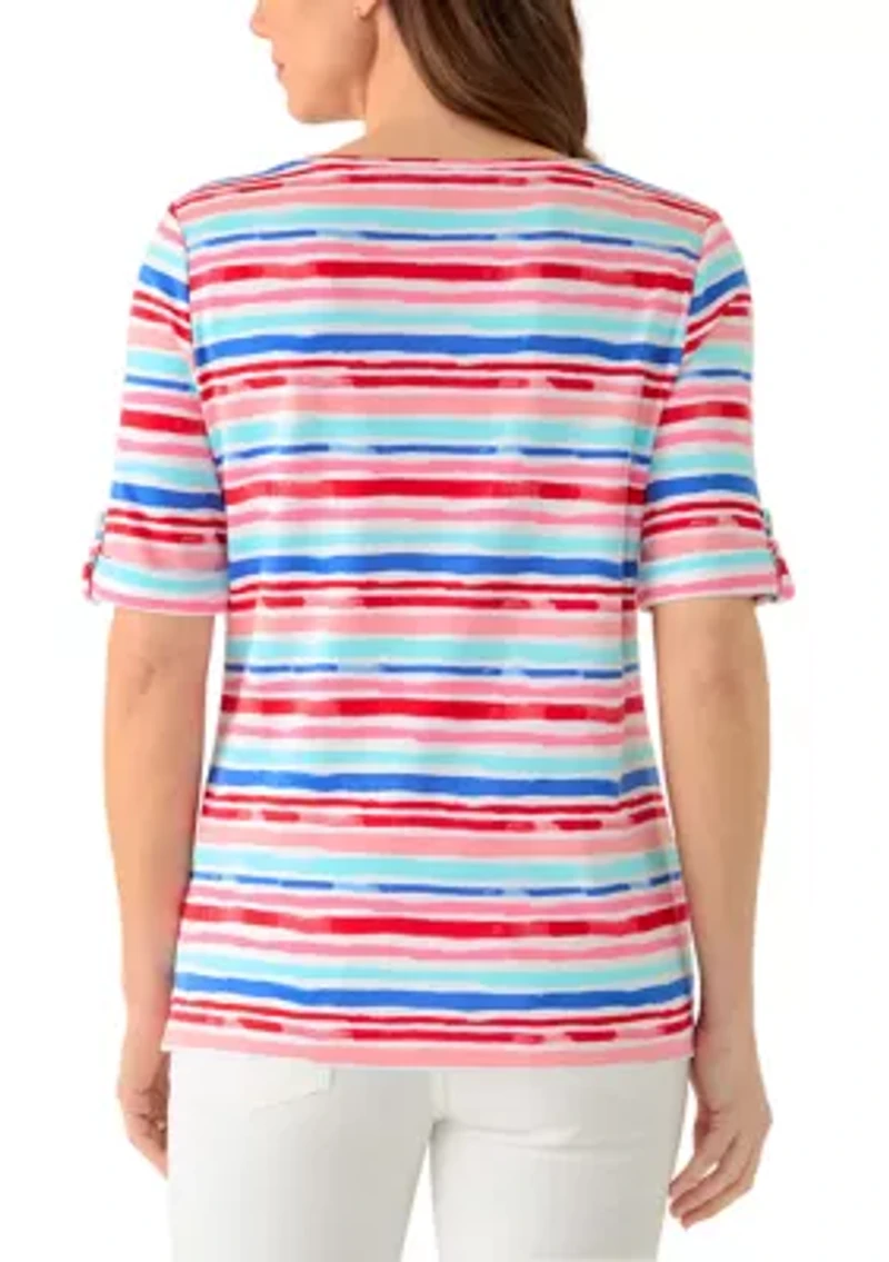 Women's Elbow Sleeve Striped Print Top