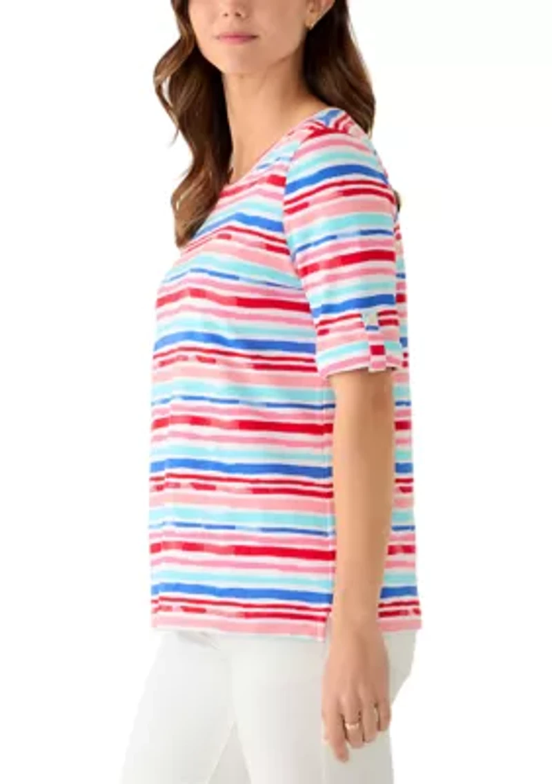 Women's Elbow Sleeve Striped Print Top
