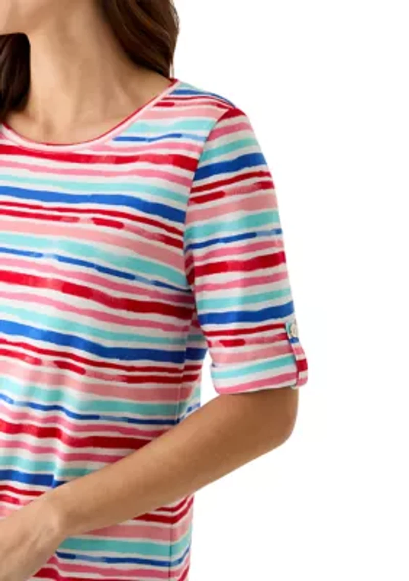 Women's Elbow Sleeve Striped Print Top