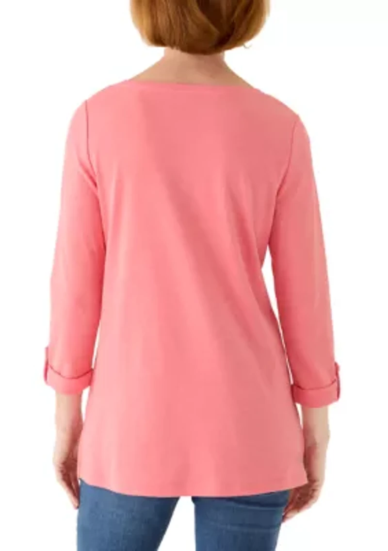 Women's Three-Quarter Sleeve Crew Neck Tunic with Tab