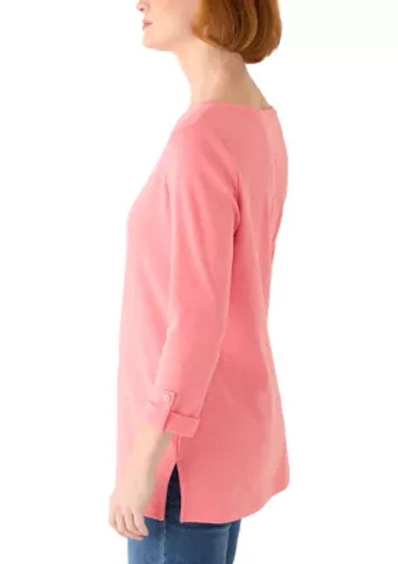 Women's Three-Quarter Sleeve Crew Neck Tunic with Tab