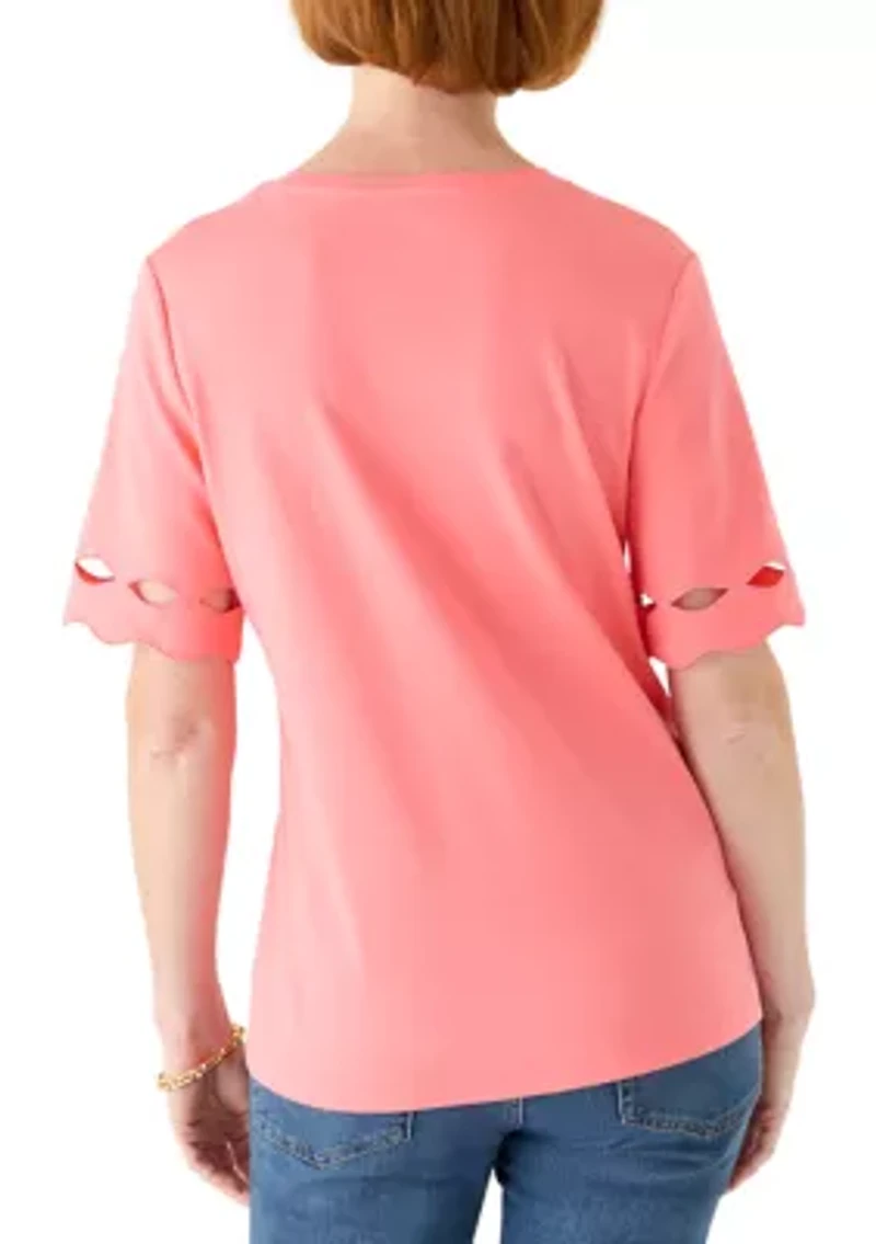 Women's Elbow Sleeve Top with Scallop Trim