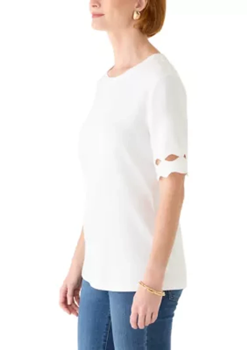 Women's Elbow Sleeve Top with Scallop Trim