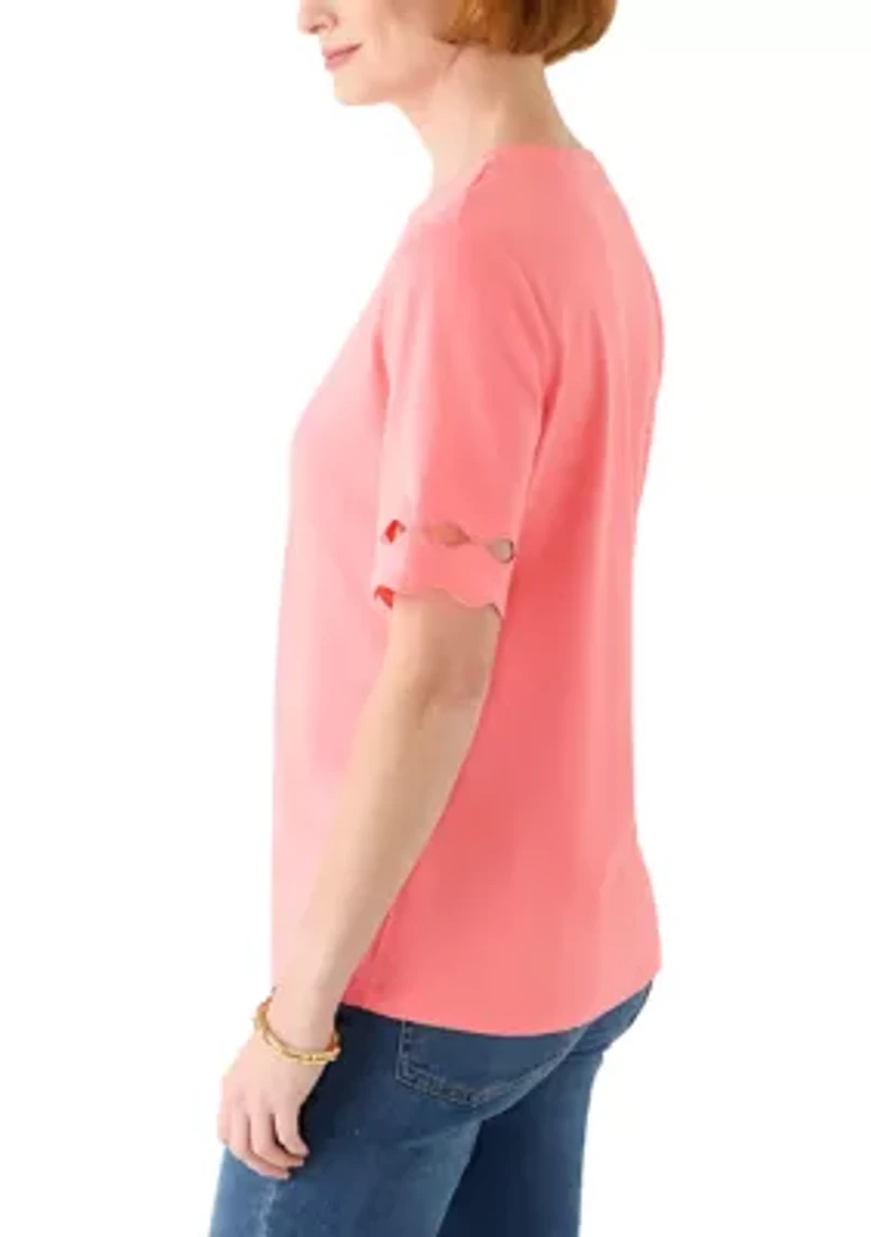 Women's Elbow Sleeve Top with Scallop Trim