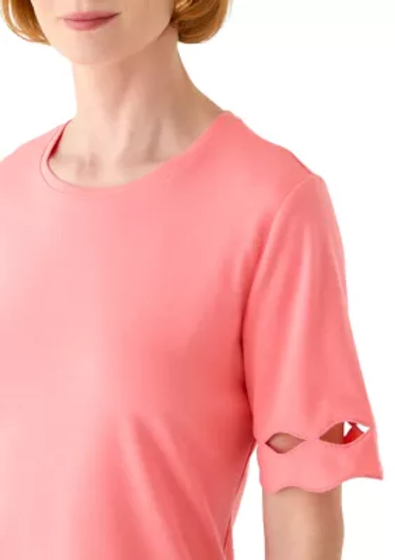 Women's Elbow Sleeve Top with Scallop Trim