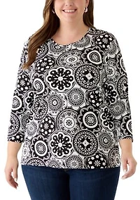 Plus 3/4 Sleeve Print Shirt
