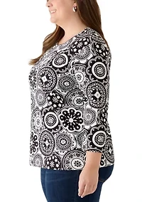 Plus 3/4 Sleeve Print Shirt