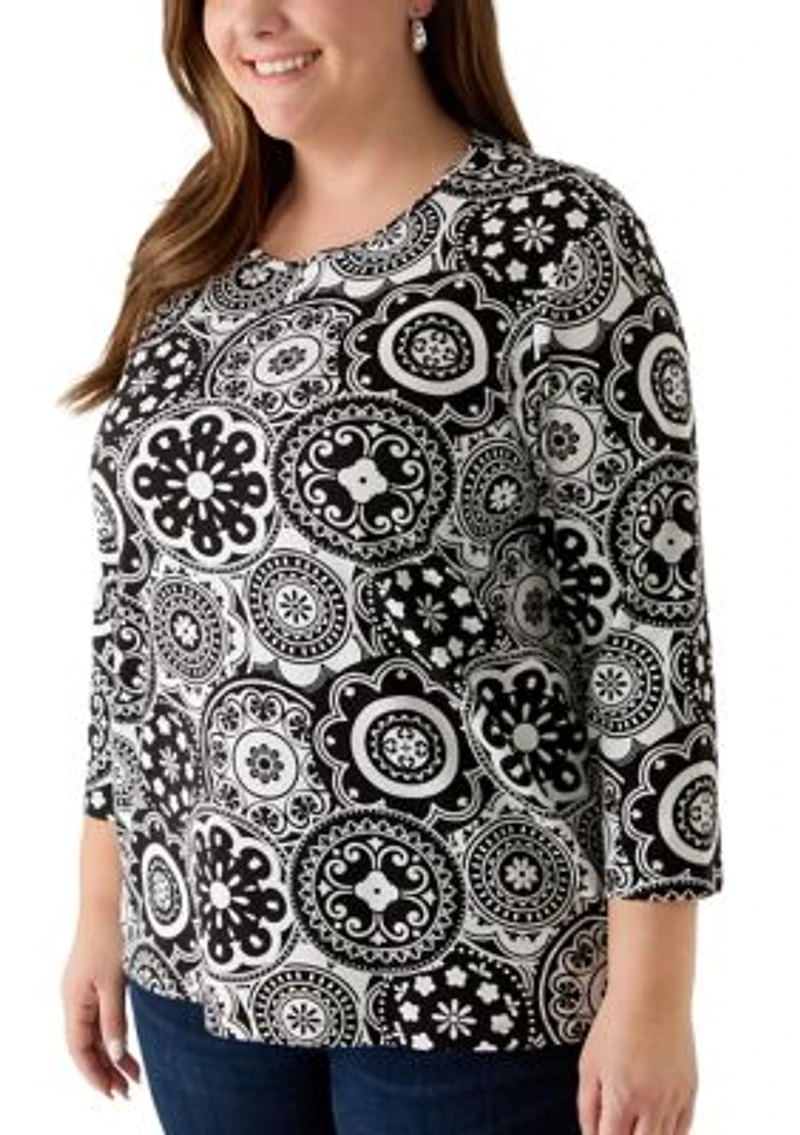 Plus 3/4 Sleeve Print Shirt