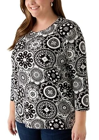 Plus 3/4 Sleeve Print Shirt
