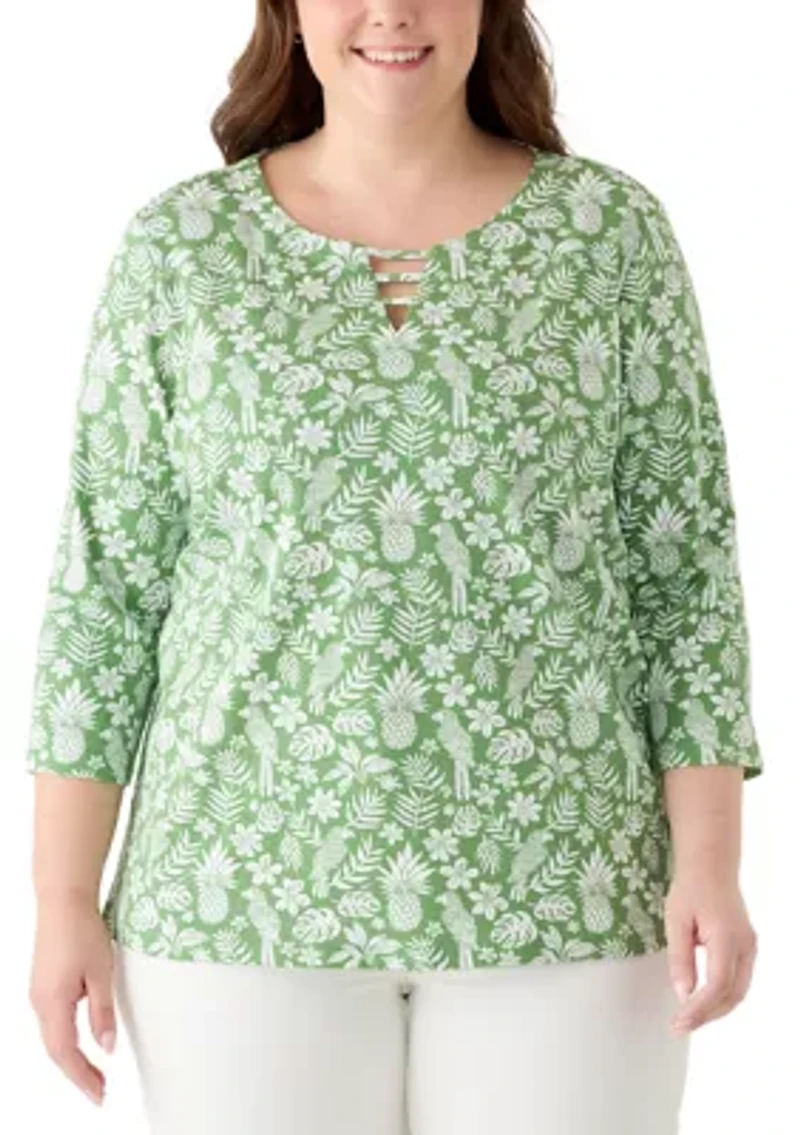 Plus 3/4 Sleeve Ladder Neck Print Top