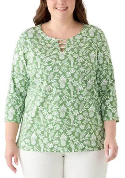 Plus 3/4 Sleeve Ladder Neck Print Top