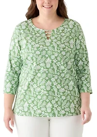 Plus 3/4 Sleeve Ladder Neck Print Top
