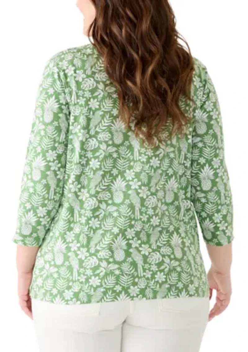 Plus 3/4 Sleeve Ladder Neck Print Top