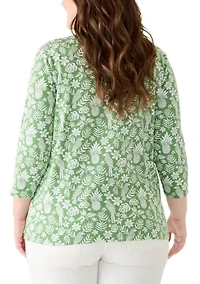 Plus 3/4 Sleeve Ladder Neck Print Top