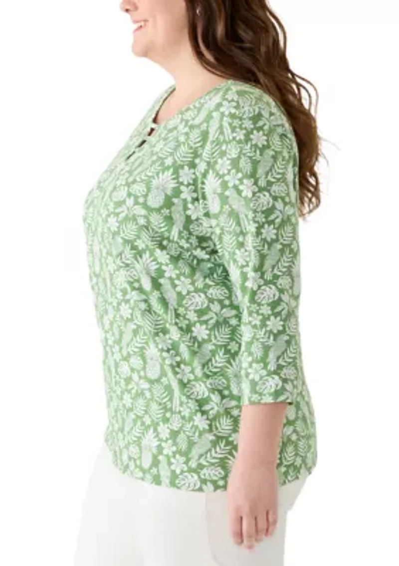 Plus 3/4 Sleeve Ladder Neck Print Top