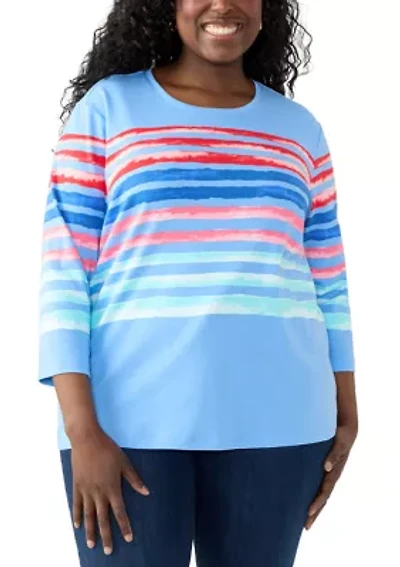 Plus Three-Quarter Crew Neck Printed Top