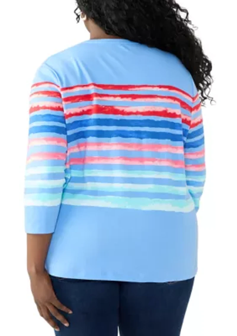 Plus Three-Quarter Crew Neck Printed Top