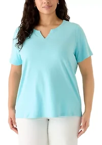 Plus Short Sleeve Split Neck Heather T-Shirt