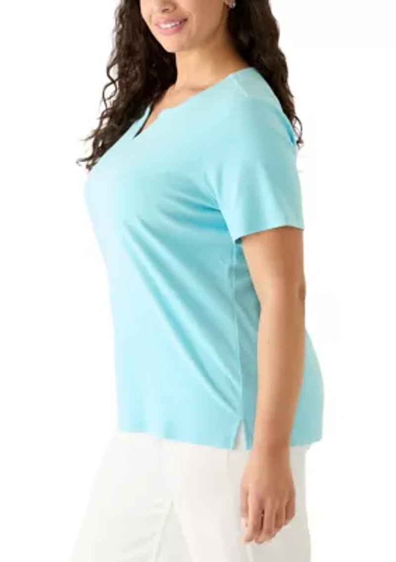 Plus Short Sleeve Split Neck Heather T-Shirt