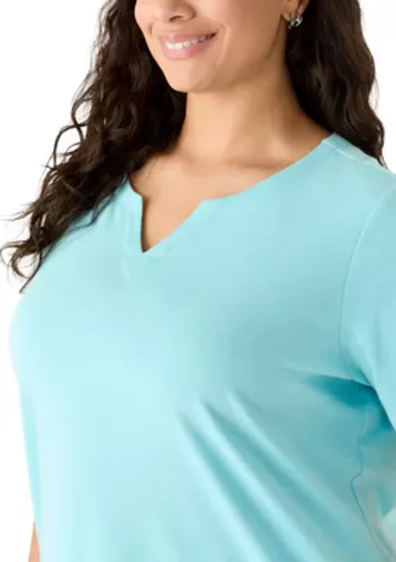 Plus Short Sleeve Split Neck Heather T-Shirt