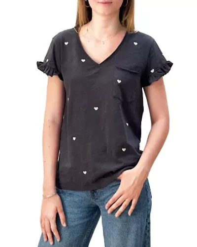 Hearts Emb Ruffle V Neck Tee