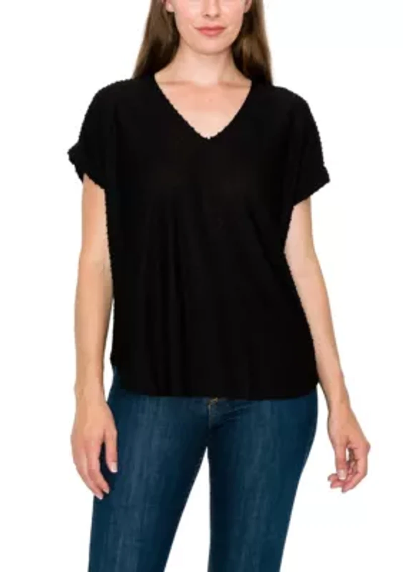 Swiss Dot Jersey V Neck Rolled Sleeve