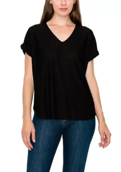 Swiss Dot Jersey V Neck Rolled Sleeve