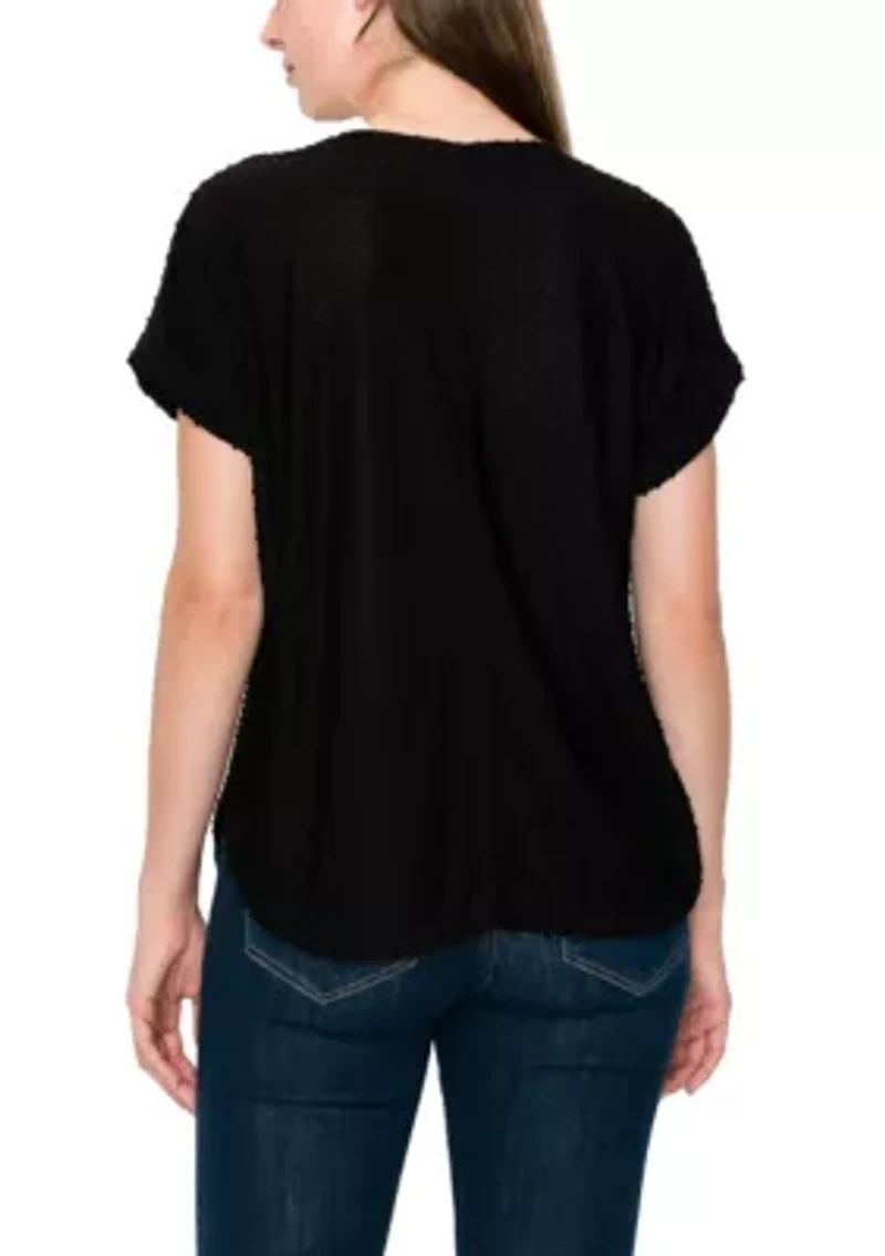Swiss Dot Jersey V Neck Rolled Sleeve
