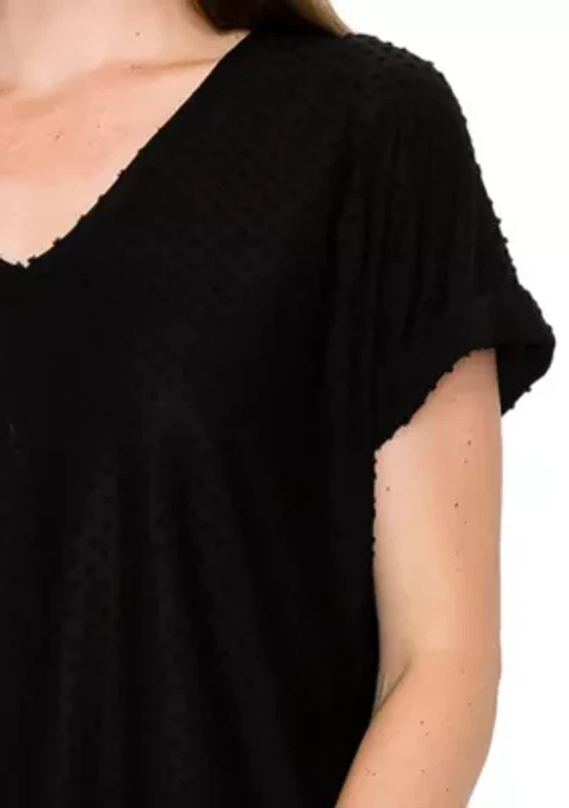 Swiss Dot Jersey V Neck Rolled Sleeve