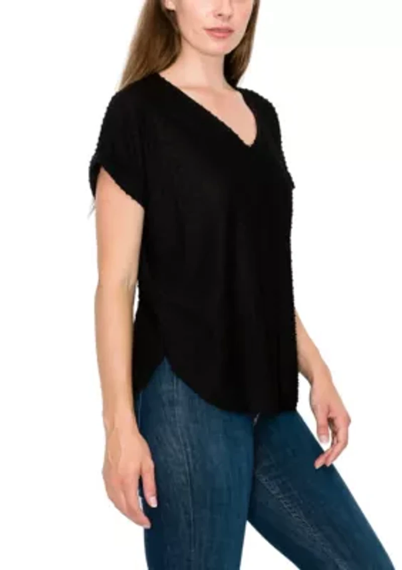 Swiss Dot Jersey V Neck Rolled Sleeve