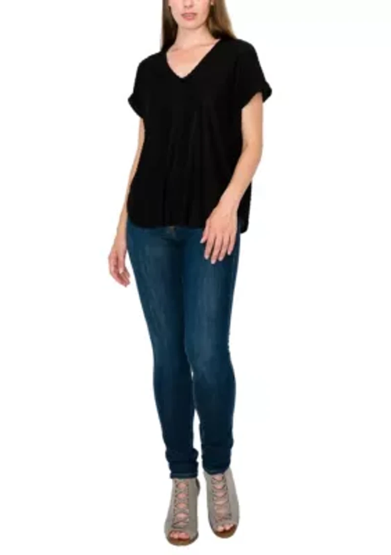 Swiss Dot Jersey V Neck Rolled Sleeve