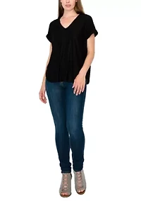 Swiss Dot Jersey V Neck Rolled Sleeve