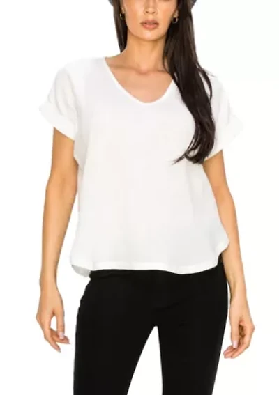 Fluffy Gauze V Neck Rolled Sleeve