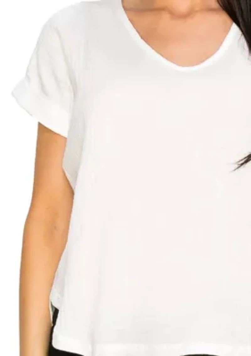 Fluffy Gauze V Neck Rolled Sleeve