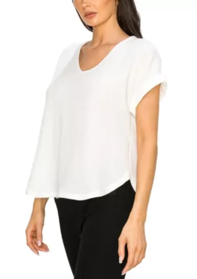 Fluffy Gauze V Neck Rolled Sleeve