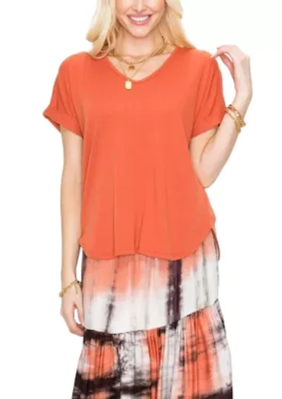 Variegated Rib V Neck Rolled Sleeve Curve