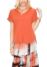 Variegated Rib V Neck Rolled Sleeve Curve