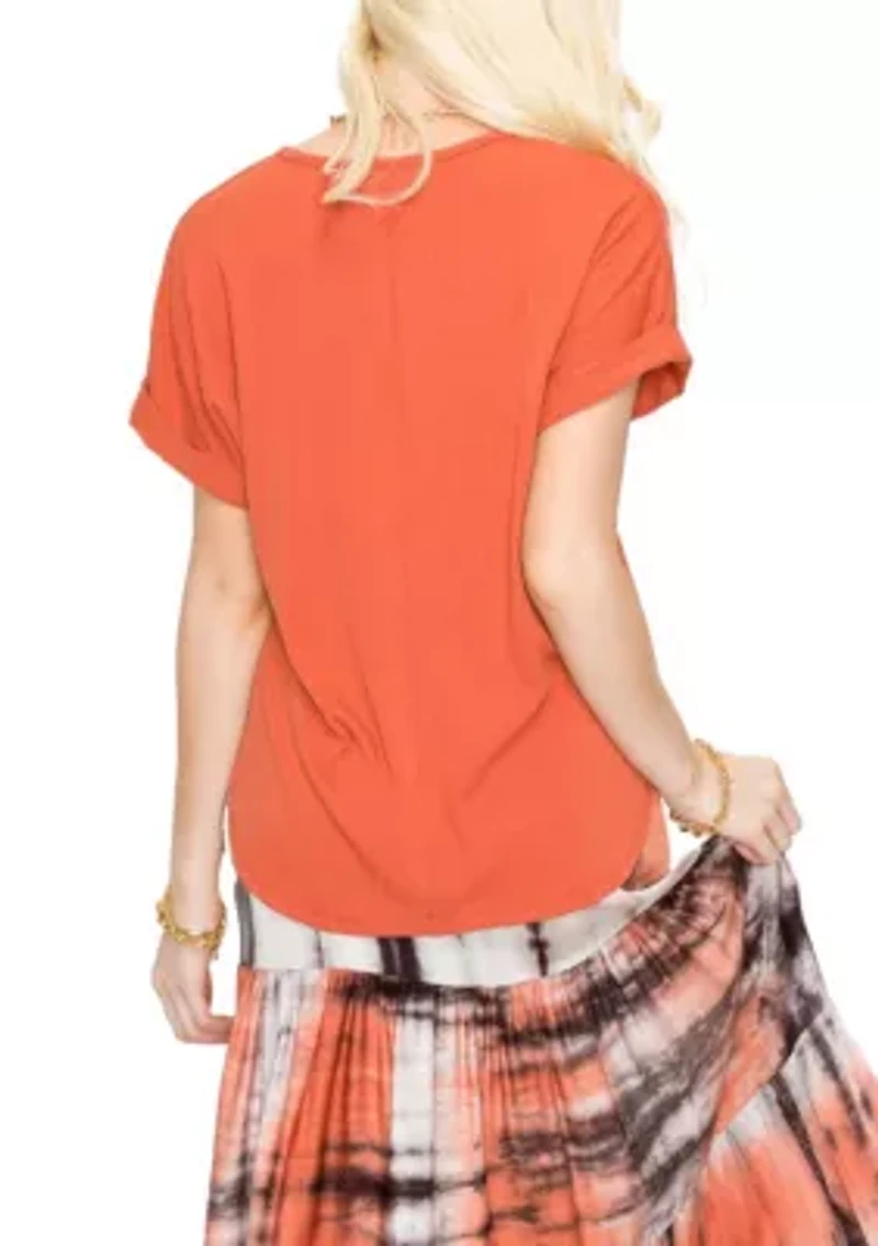 Variegated Rib V Neck Rolled Sleeve Curve