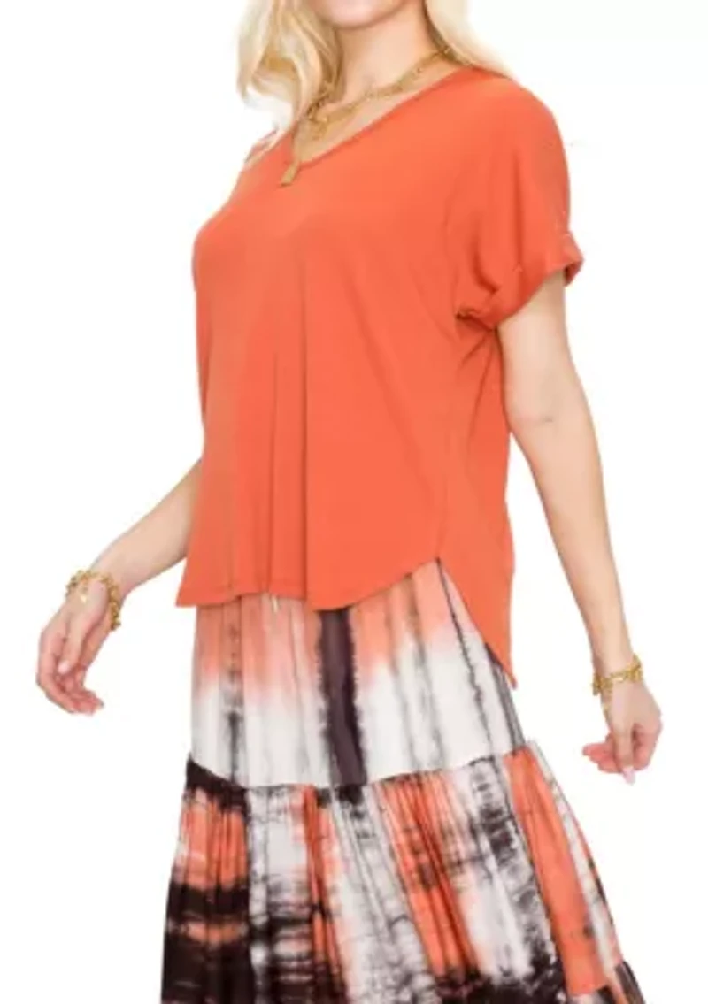 Variegated Rib V Neck Rolled Sleeve Curve