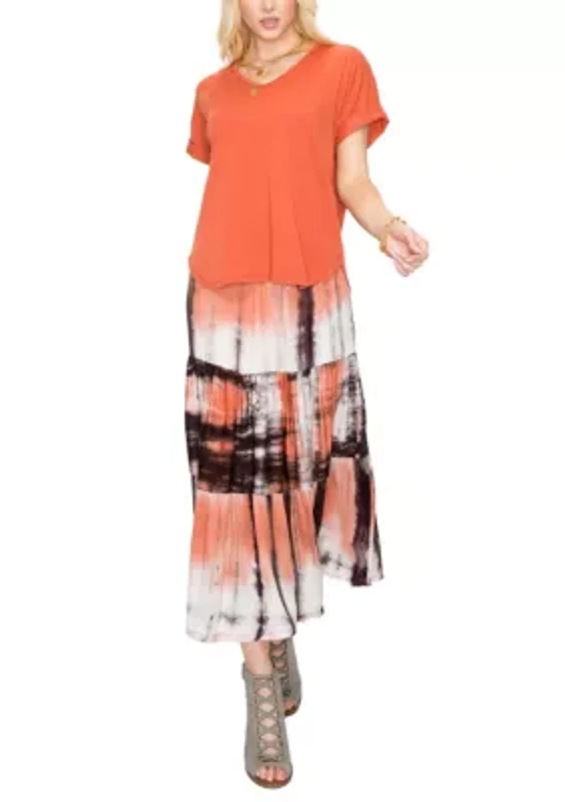 Variegated Rib V Neck Rolled Sleeve Curve