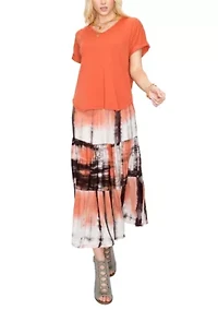 Variegated Rib V Neck Rolled Sleeve Curve