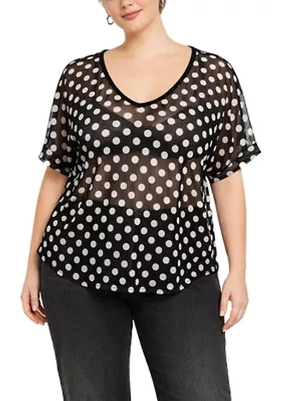 Polka Dot Mesh V Neck Roll Sleeve